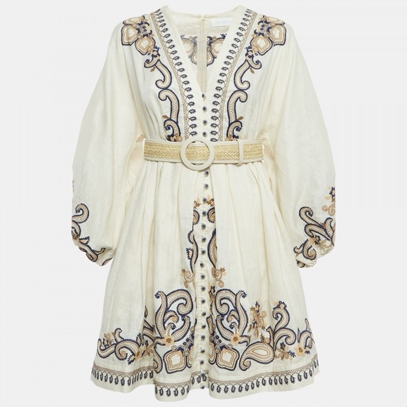 Zimmermann NWOT Aliane Belted Paisley Embroidered Linen Mini Dress Size 2 (US 8) - Picture 3 of 7